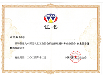 无机盐工业协会磷酸铁锂行业专业委员会副主任委员证书